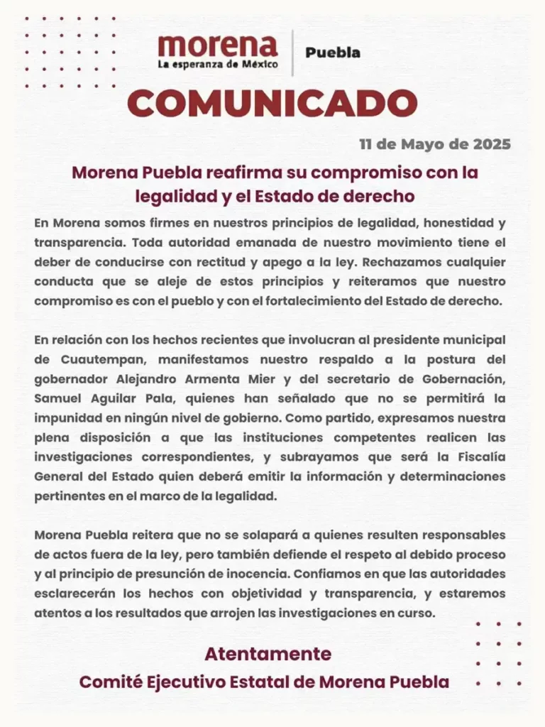 Tras cateos en Cuautempan, Morena Puebla advirtió que no solapará actos de corrupción