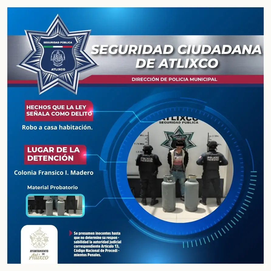 Secretaría de seguridad ciudadana de Atlixco detienen a sujeto por robo a casa habitación
