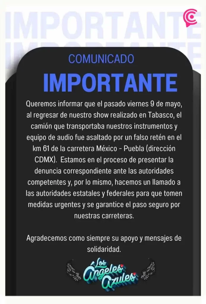 Asaltaron a Los Ángeles Azules en retén falso de la autopista México-Puebla 