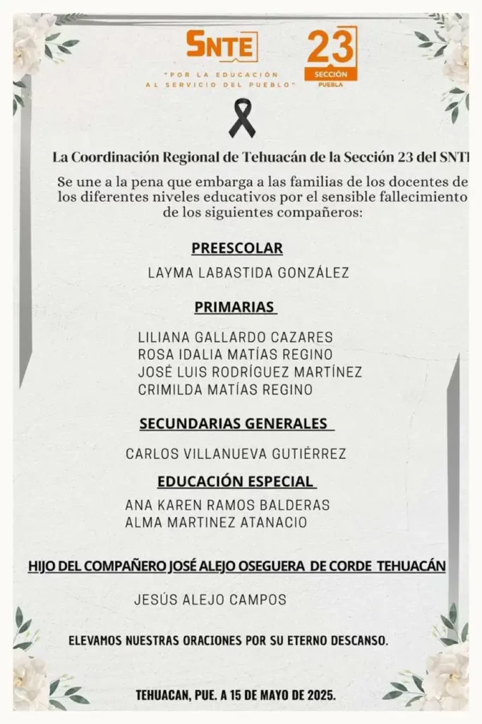 SNTE 23 confirma la muerte de ocho maestros en accidente ocurrido en la autopista Oaxaca-Cuacnolapan