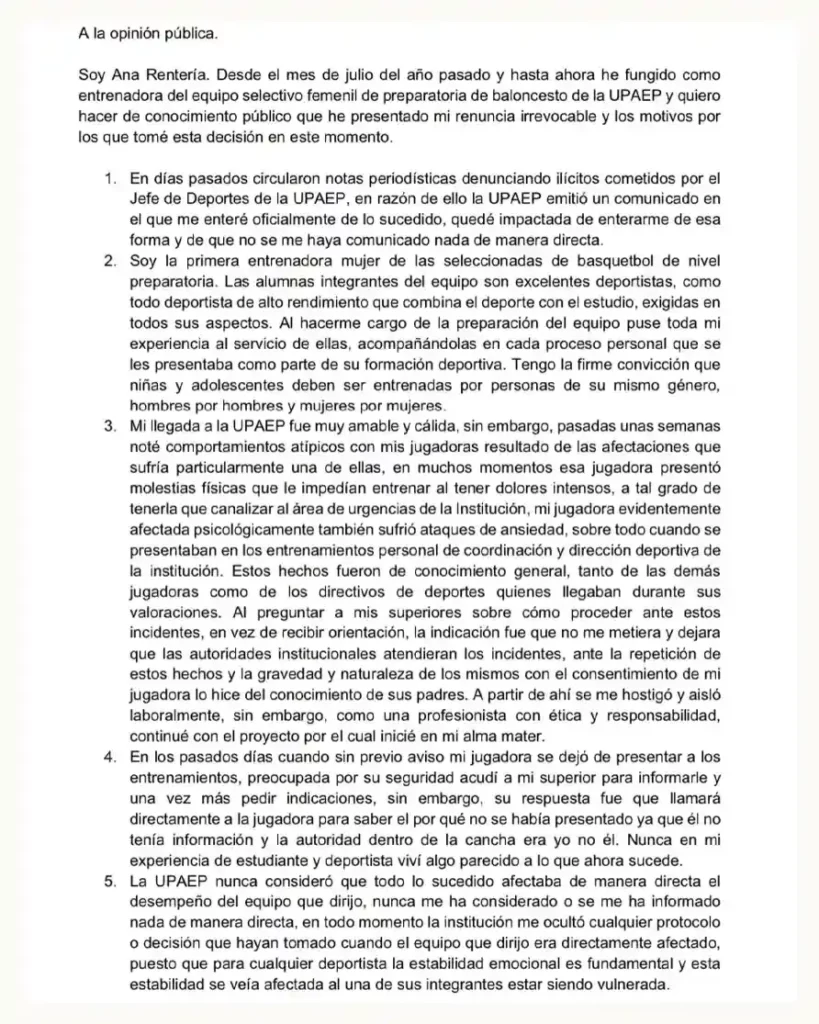 Renuncia entrenadora de baloncesto femenil Upaep tras acusación de abuso contra Jefe de Deportes