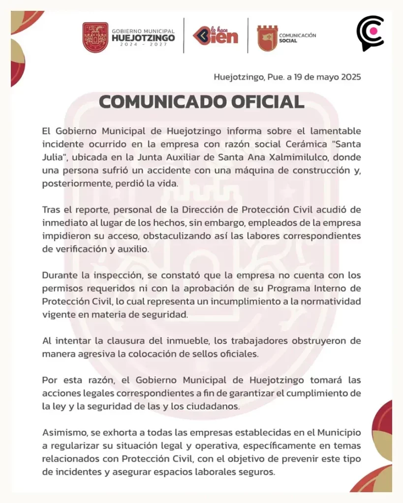 Murió trabajador de Cerámica Santa Julia en Huejotzingo tras accidente con maquinaria, empresa intentó bloquear investigación