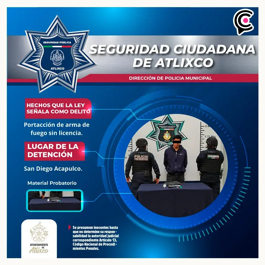 Asegura policía de Atlixco a individuo con arma de fuego y droga