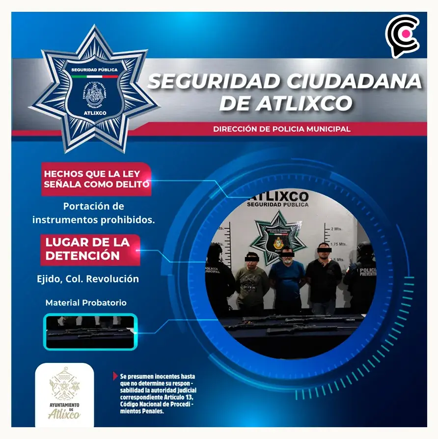 Policía Municipal de Atlixco refuerza la seguridad con el aseguramiento de armas prohibidas