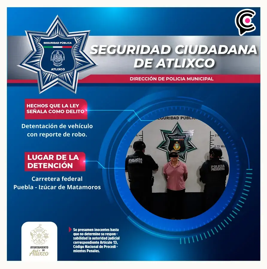 La secretaría de seguridad ciudadana recupera vehículo con reporte de robo en Atlixco