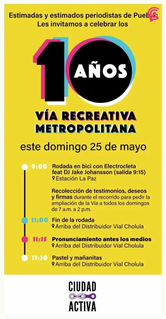 Ciudad Activa invita al décimo aniversario de la Vía Recreativa Metropolitana de Puebla  