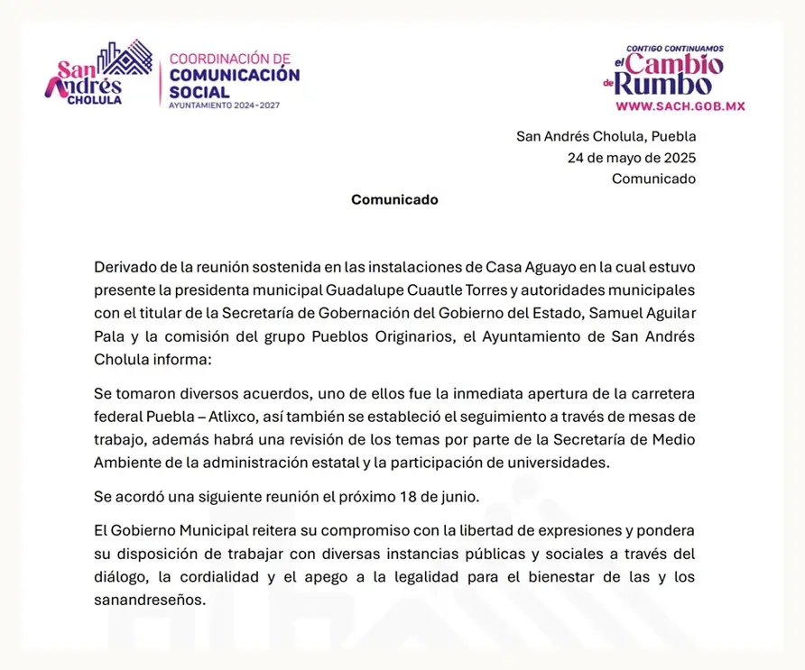 Tras mesa de diálogo, Pueblos Originarios levantan bloqueo de la carretera federal Puebla-Atlixco
