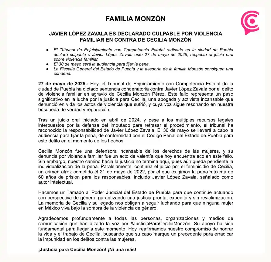 Declaran culpable a Javier López Zavala por violencia familiar contra Cecilia Monzón
