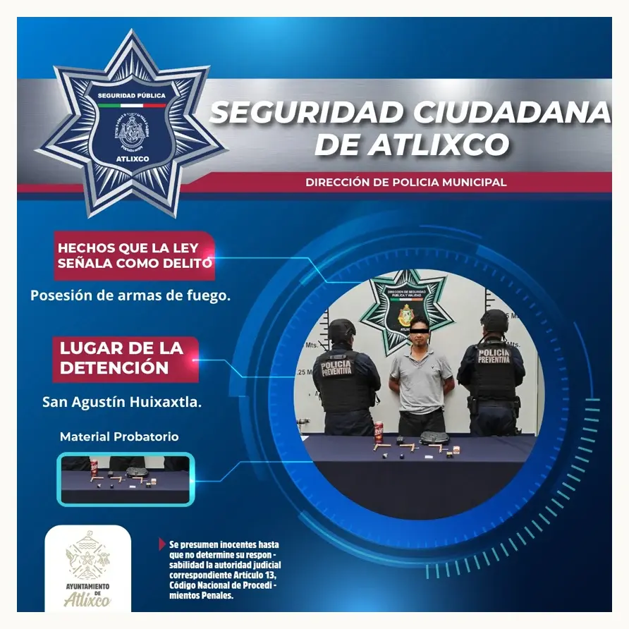 Policías de Atlixco detienen a sujeto con armas hechizas, droga y cartuchos