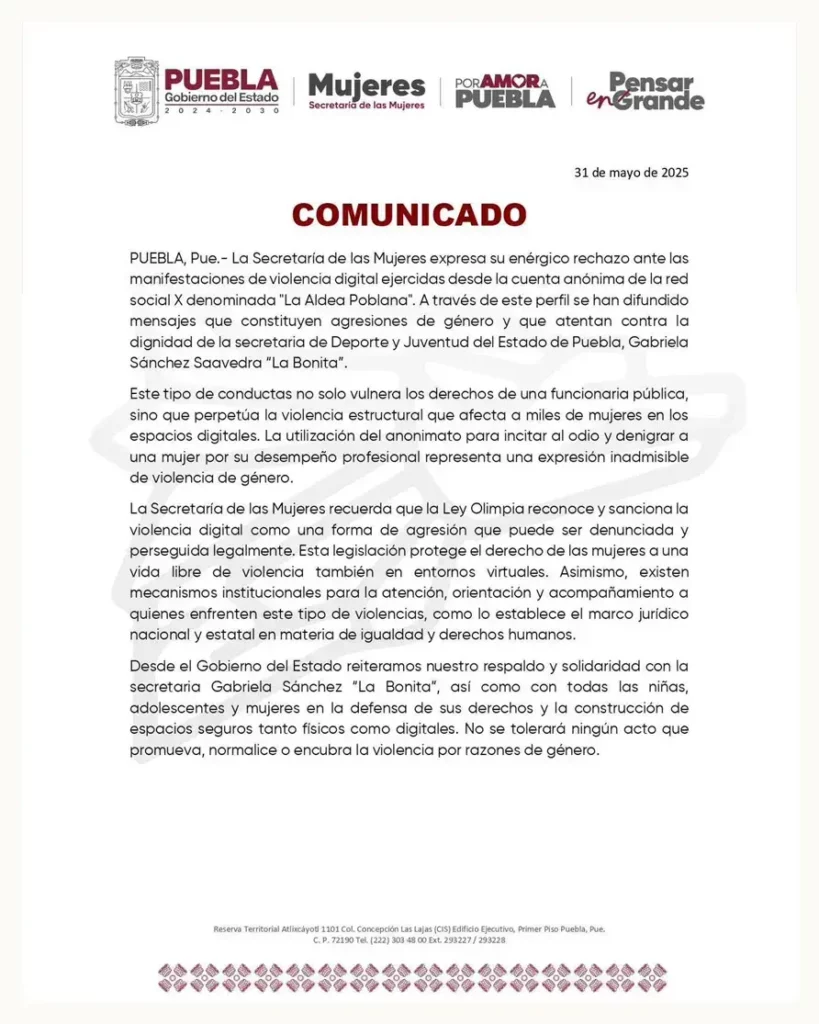 Secretaría de las Mujeres señala a la "Aldea Poblana" por misoginia contra Gabriela "La Bonita" Sánchez