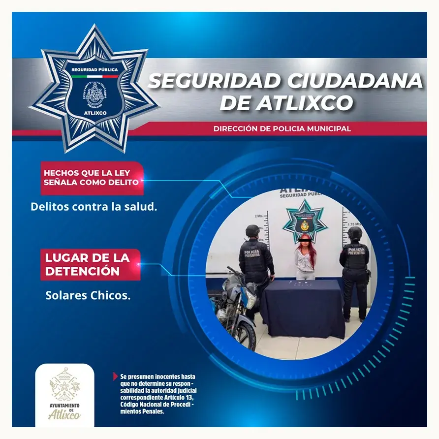 Policía de Atlixco detiene a mujer por posesión de estupefacientes