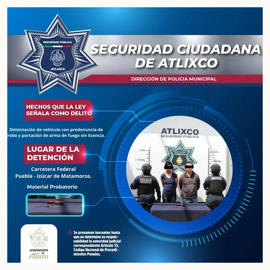 La Secretaría de Seguridad Ciudadana de Atlixco, intercepta vehículo con reporte de robo y asegura arma de fuego