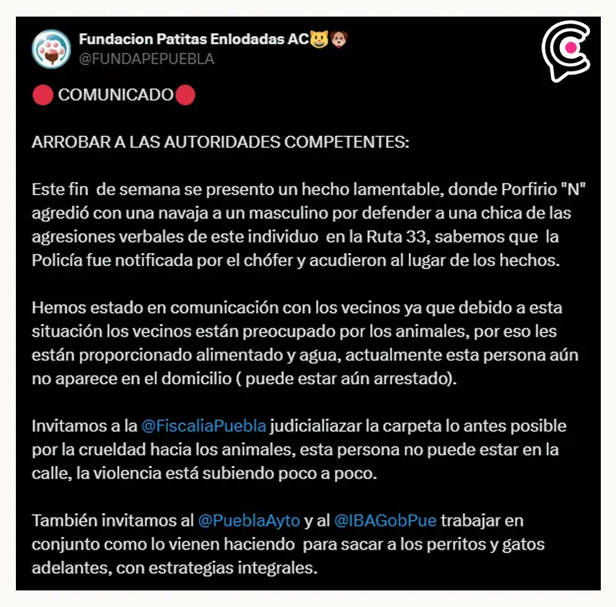 Adulto mayor acosa a joven, apuñala a hombre y ostenta historial de maltrato animal en Puebla