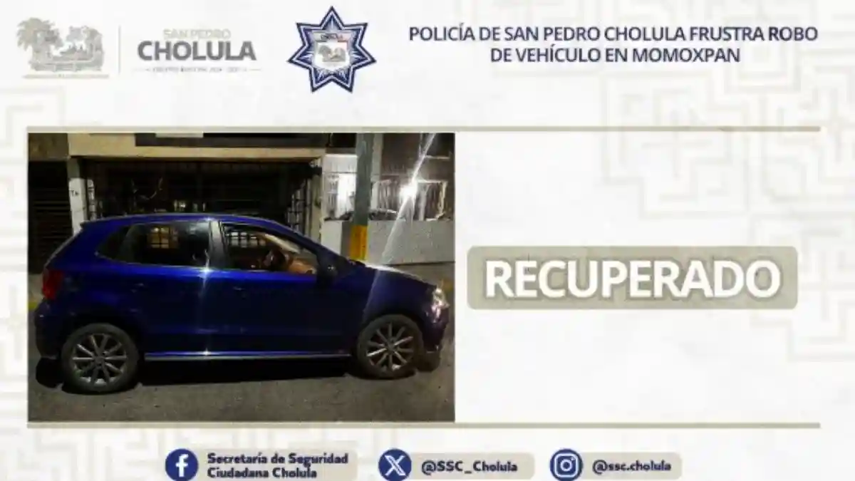 Policía de San Pedro Cholula frustra robo de vehículo en Momoxpan