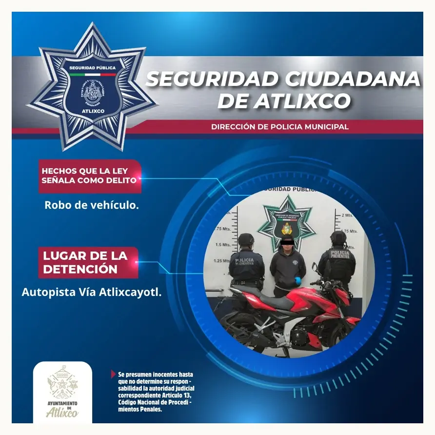 Detienen a ladrón de motos en Atlixco gracias a las cámaras de seguridad