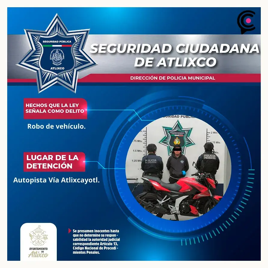 Policías municipales de Atlixco detienen a hombre que robo una motocicleta