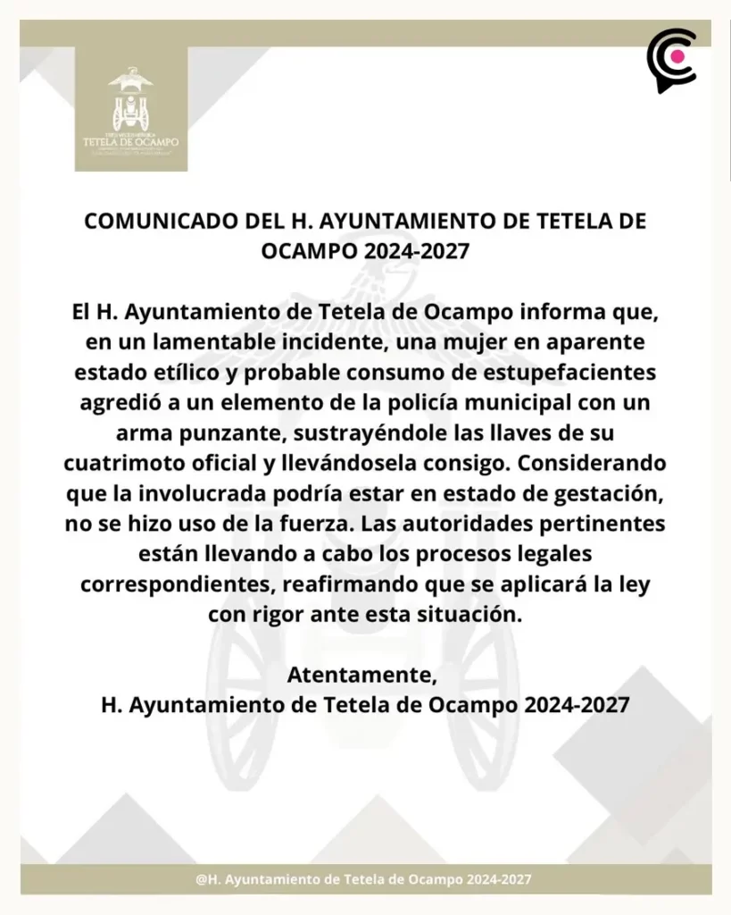Mujer apuñala a policía para robar cuatrimoto oficial en Tetela de Ocampo