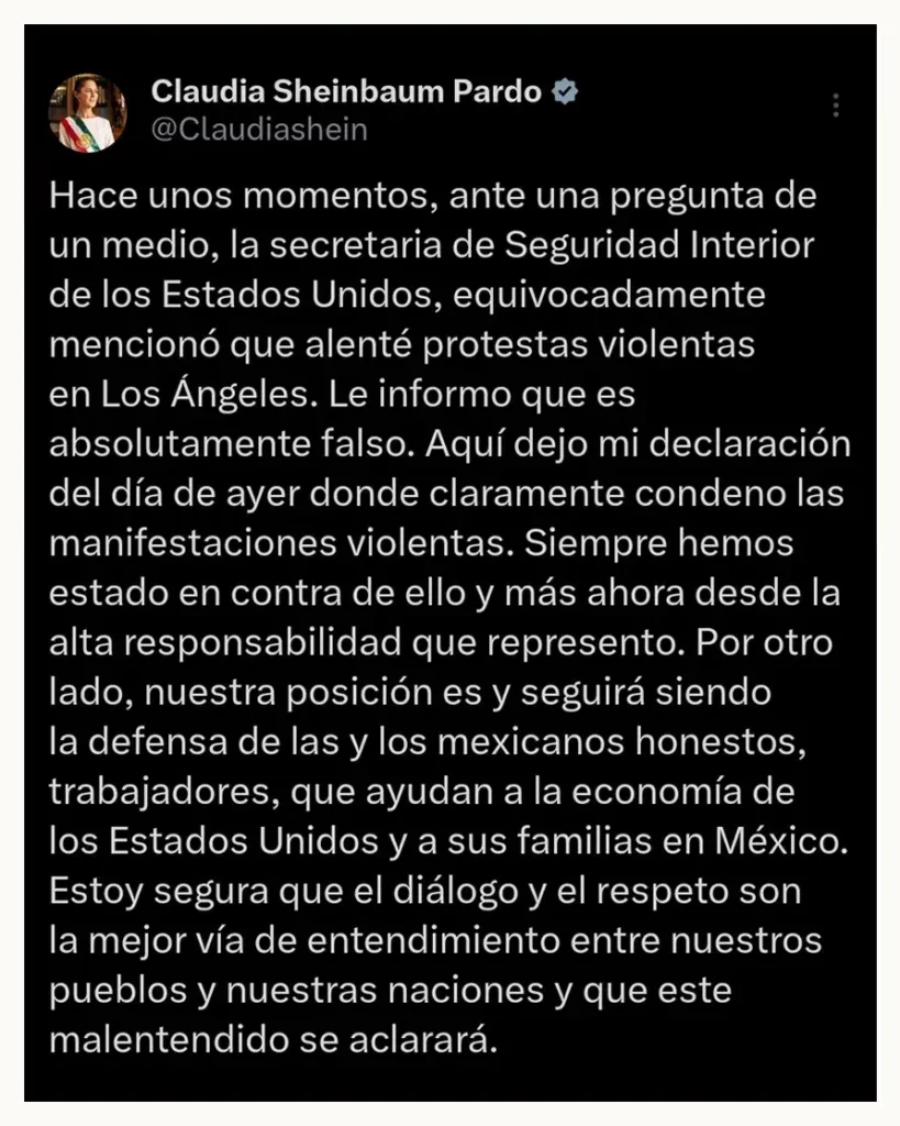 Claudia Sheinbaum niega incitar protestas migrantes, Kristi Noem la condena por supuestamente avivar disturbios
