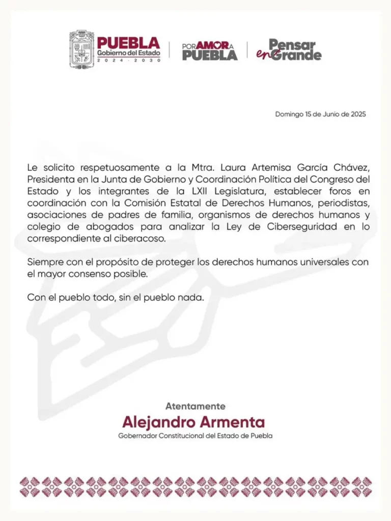 Alejandro Armenta pide al Congreso generar foros para analizar Ley de Ciberseguridad en Puebla 