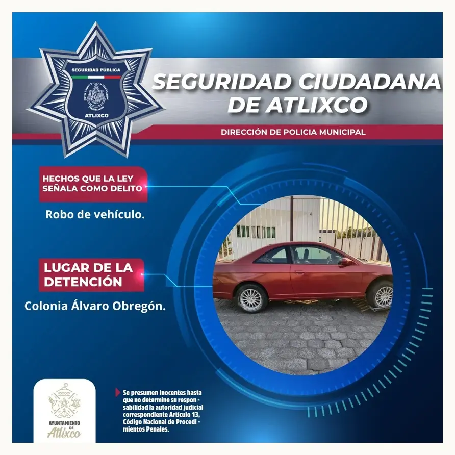Rápida respuesta de la policía de Atlixco permite recuperar vehículo robado