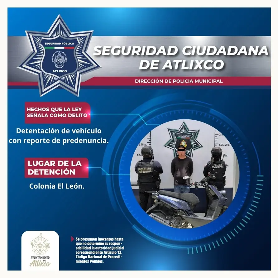 Secretaría de Seguridad Ciudadana de Atlixco recupera motoneta con pre-denuncia de robo durante operativo