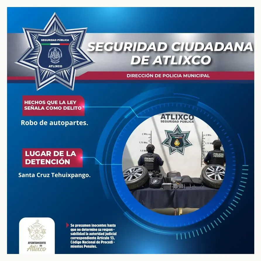 Policía municipal de Atlixco frustra robo de autopartes gracias a acción inmediata y monitoreo en tiempo real