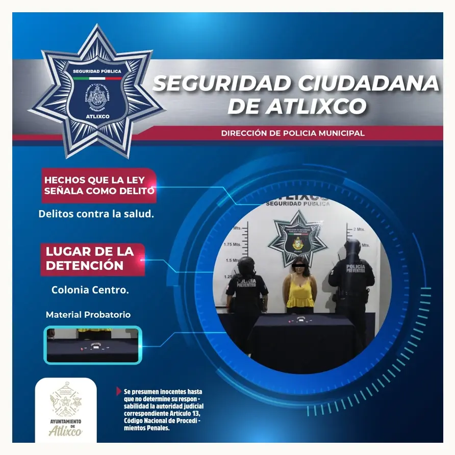 Secretaría de Seguridad Ciudadana de Atlixco detiene a mujer por delitos contra la salud