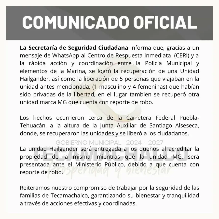 Marinos y policías rescataron a cinco personas secuestradas y aseguraron dos camionetas en Tecamachalco, Puebla 