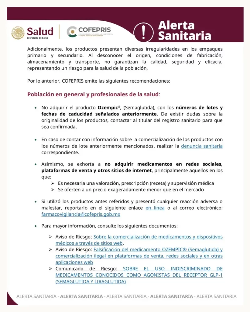 Cofepris activa alerta sanitaria por falsificación de medicamentos para bajar de peso como Ozempic 