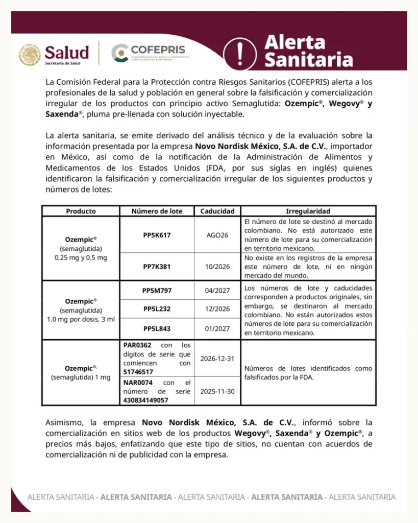 Cofepris activa alerta sanitaria por falsificación de medicamentos para bajar de peso como Ozempic 