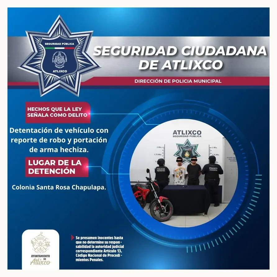Policía de Atlixco recupera motocicleta robada y detiene a dos hombres armados