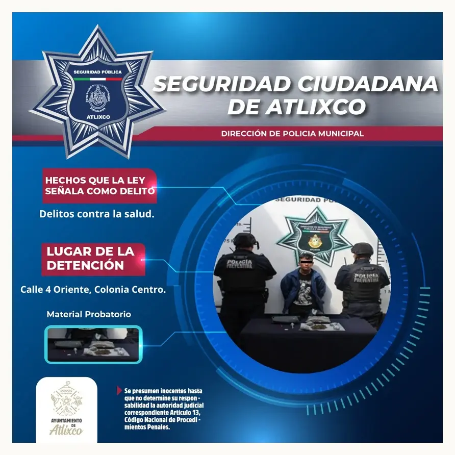 Policía de Atlixco detiene a joven por delitos contra la salud durante operativo de vigilancia