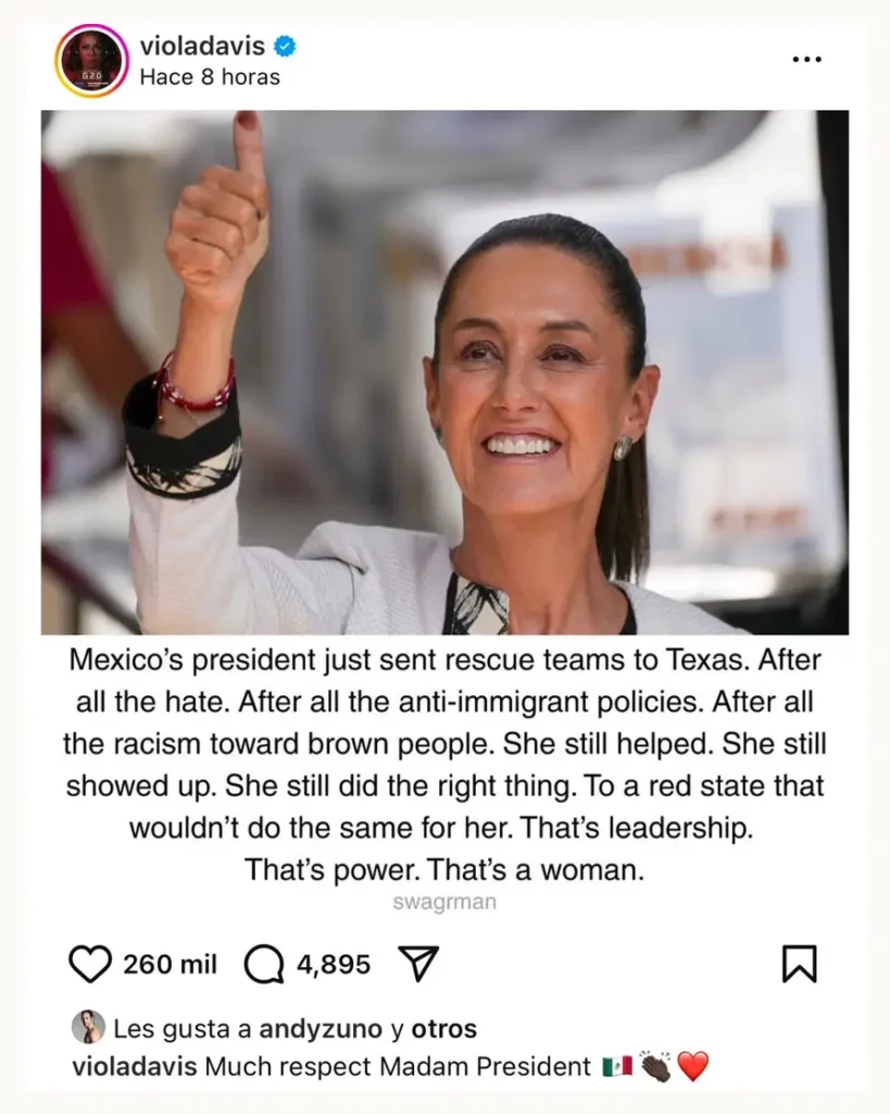 Actriz Viola Davis reconoce apoyo de Claudia Sheinbaum tras inundaciones en Texas