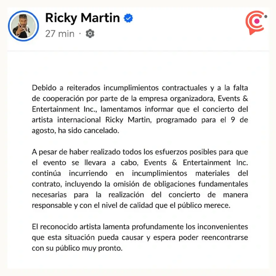 Cancelan el concierto de Ricky Martin en Puebla; empresa organizadora incumplió contrato 