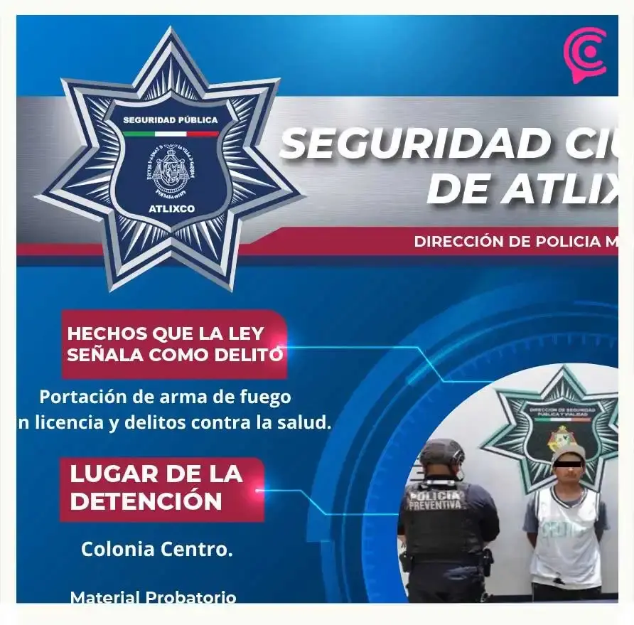Ciudadanía y policía de Atlixco detienen a sujeto en posesión de sustancias ilícitas y arma hechiza