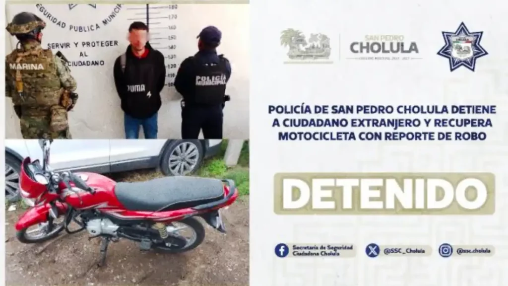Policía de San Pedro Cholula detiene a ciudadano extranjero y recupera motocicleta con reporte de robo