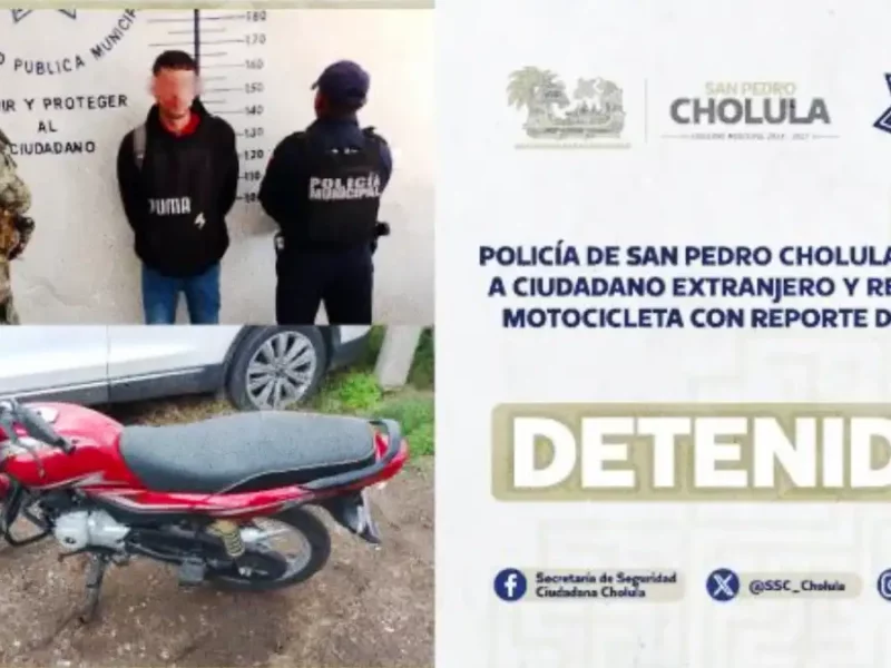 Policía de San Pedro Cholula detiene a ciudadano extranjero y recupera motocicleta con reporte de robo