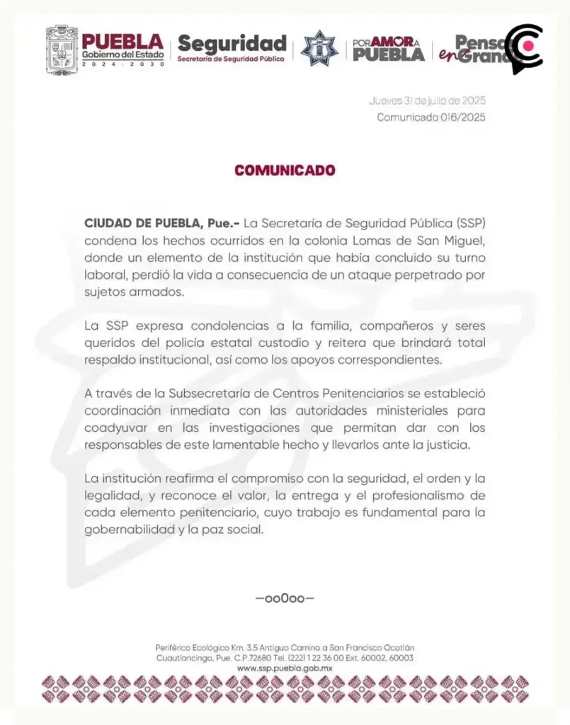Motosicarios ejecutan a custodio a unos pasos del penal de San Miguel en Puebla