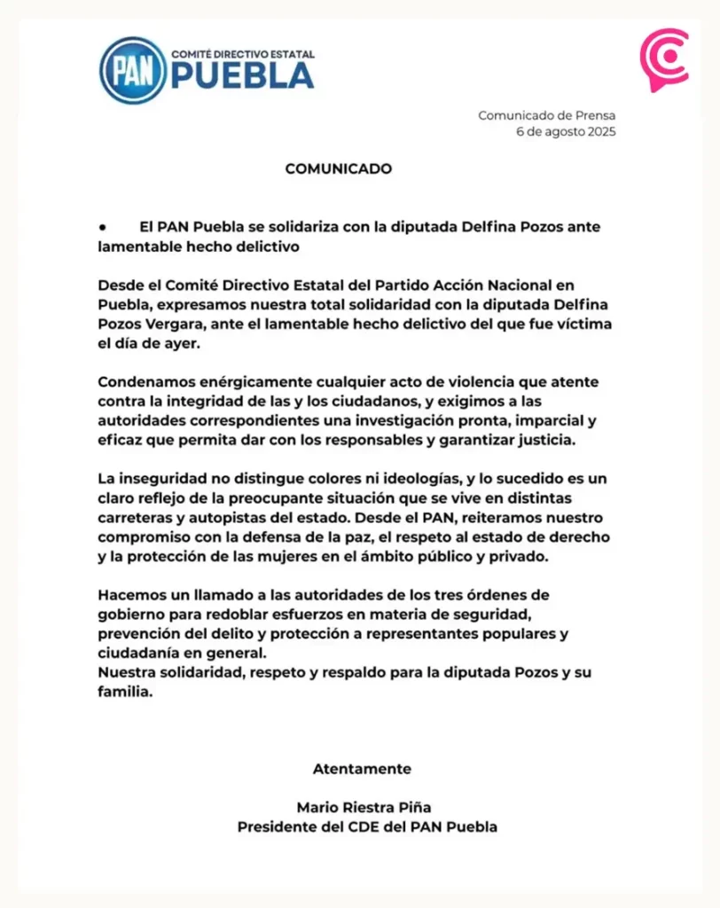 PAN Puebla se solidariza con la diputada del PRI tras asalto en carretera