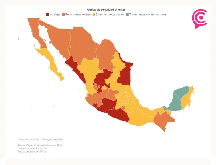 EEUU alerta violencia terrorista en 30 estados de México; Yucatán y Campeche únicos excluidos