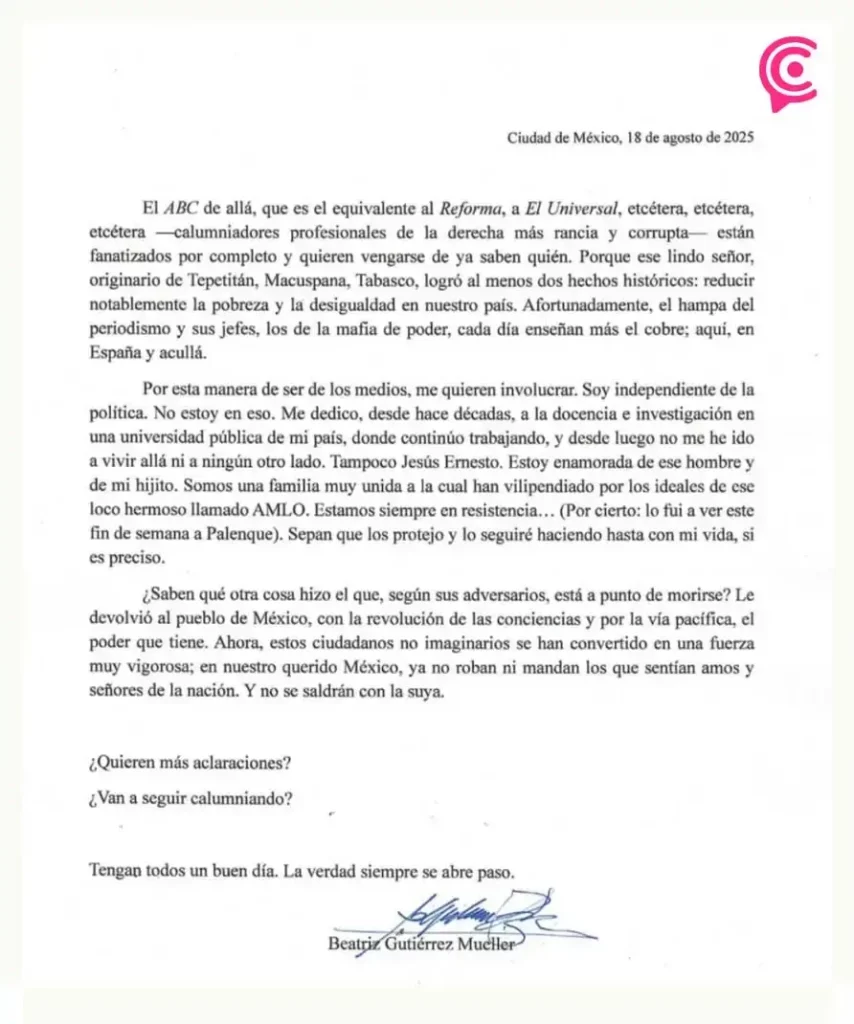 Con carta pública, Beatriz Gutiérrez Müller negó que vaya a vivir a España