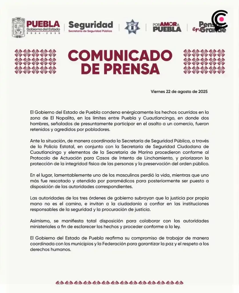 Intento de asalto en tortillería de Cuautlancingo termina en linchamiento de una persona