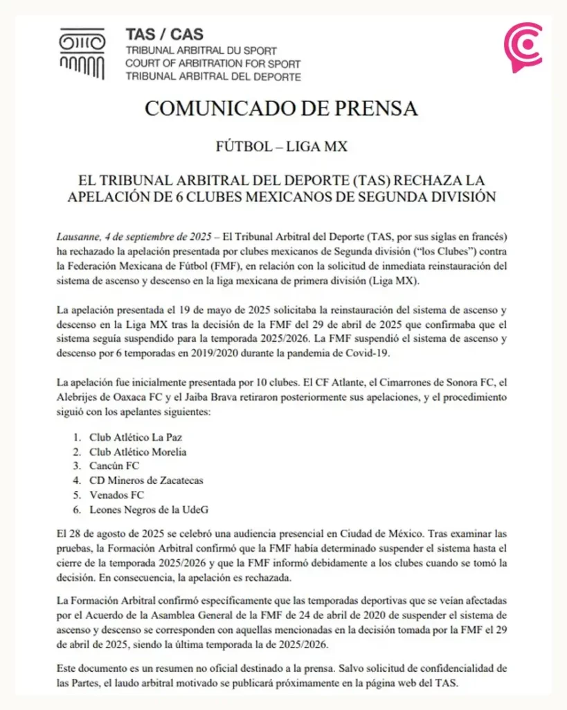 TAS rechaza apelación de Liga de Expansión MX; ascenso y descenso siguen suspendidos hasta 2026