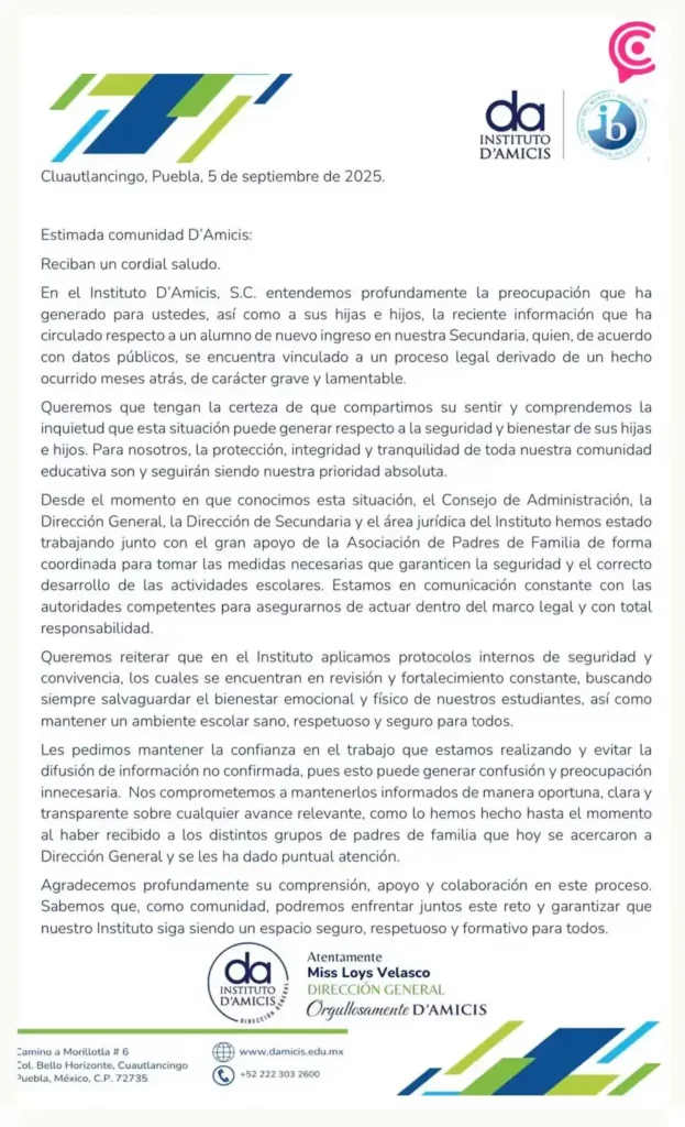 Adolescente feminicida de Natalia Andrade ingresa al Instituto D’Amicis Puebla; padres de familia llaman a paro