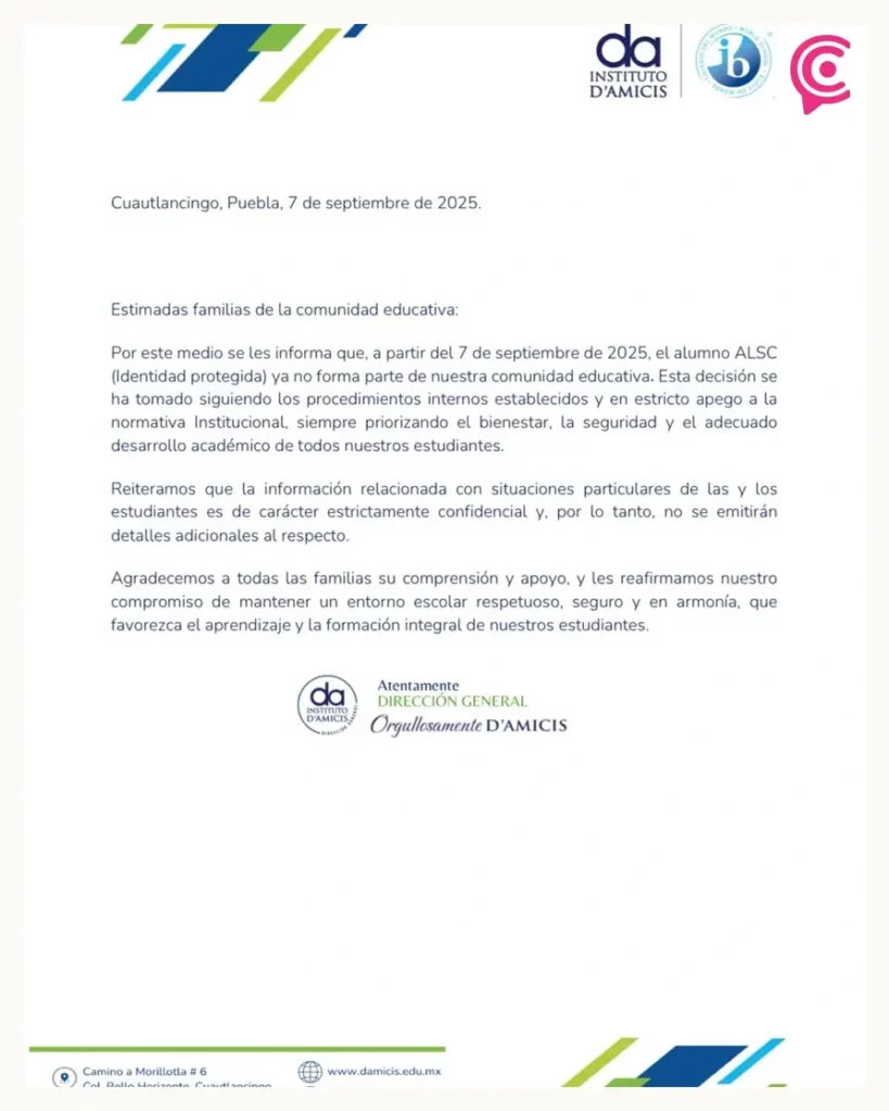 Instituto D’Amicis da de baja adolescente feminicida de Natalia Andrade; padres de familia cancelan manifestación