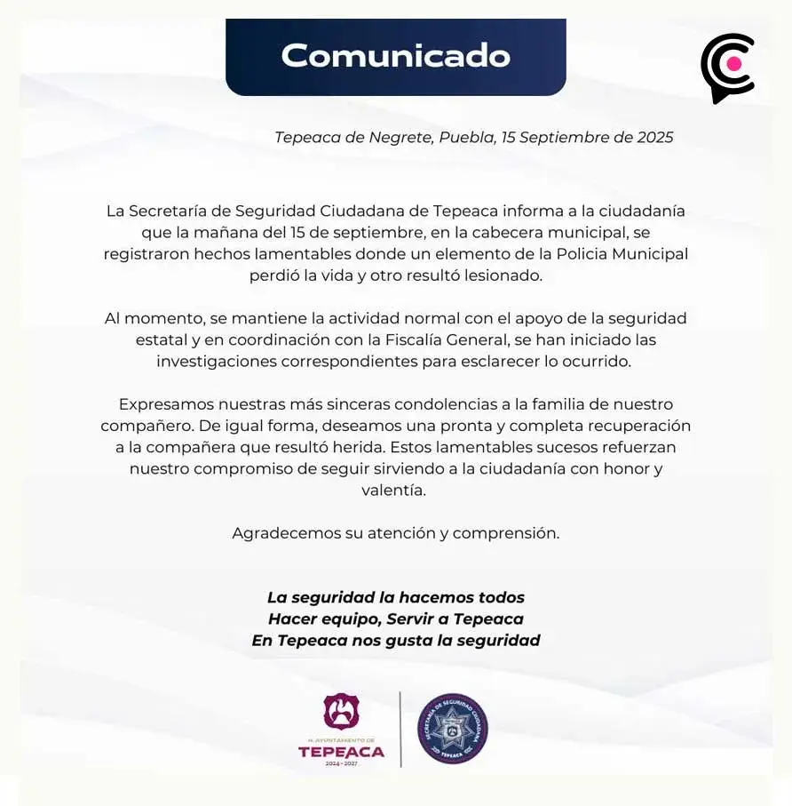 Comando armado ejecuta a policía municipal y hiere a otra uniformada en Tepeaca, Puebla