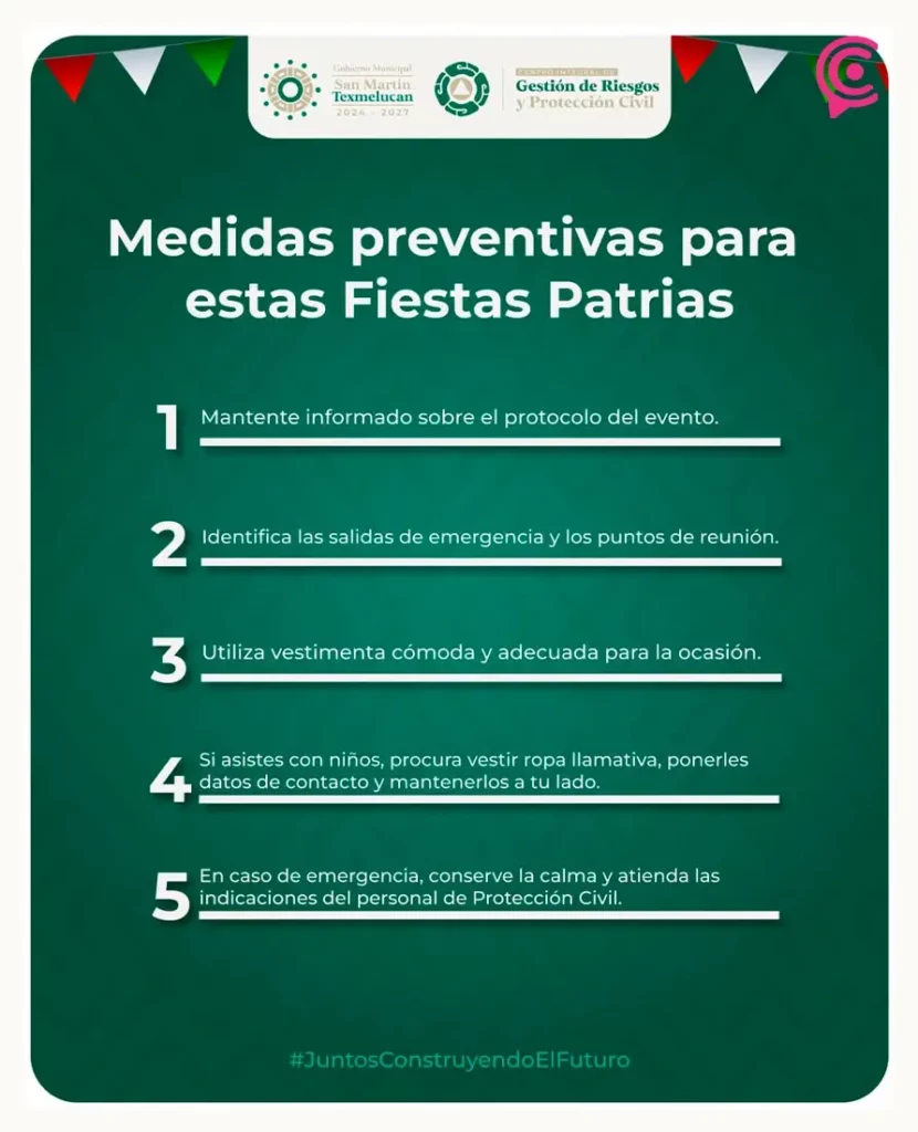 Emite gobierno de Texmelucan recomendaciones para asistir a eventos masivos con motivo de las Fiestas Patrias