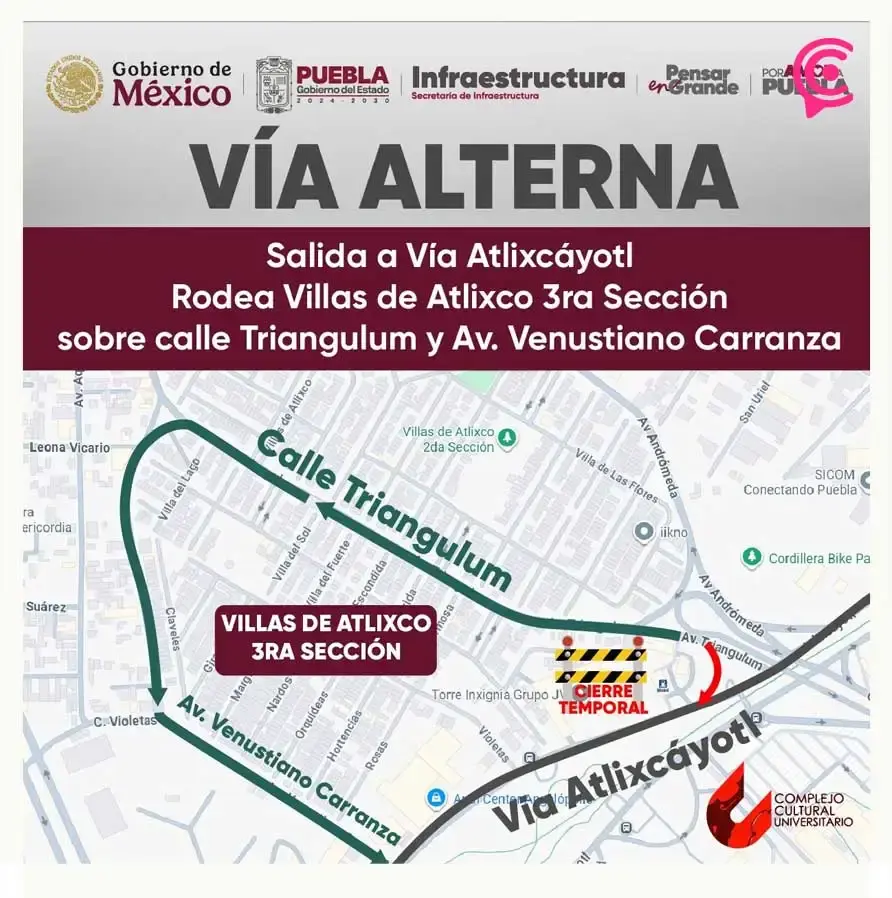Habrá cierres viales por obras de rehabilitación en Puebla hasta el 26 de septiembre