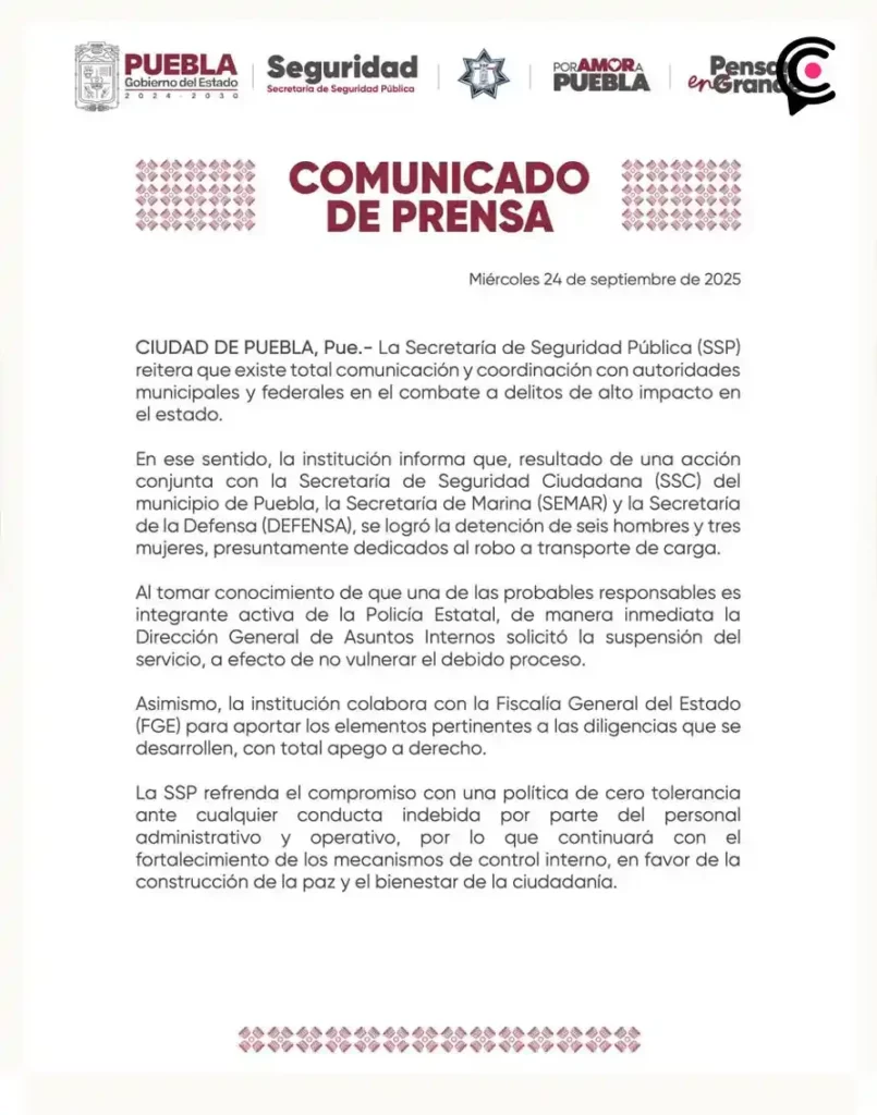 Cae banda de robo de carga en Puebla; hay una policía estatal entre los detenidos
