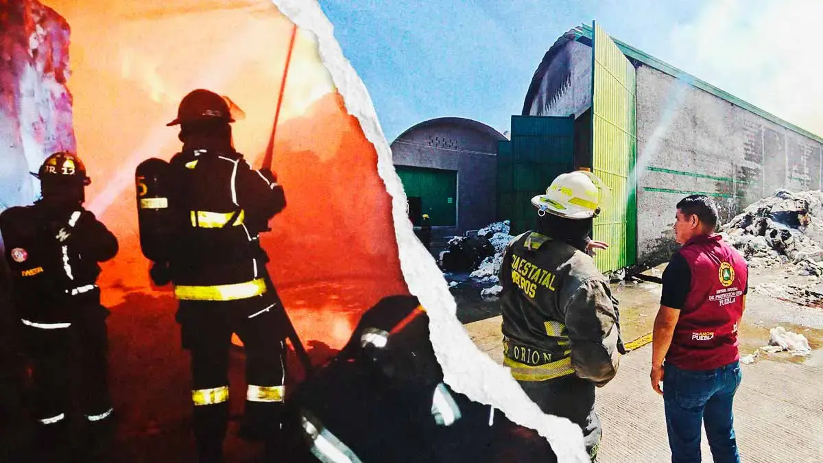 Incendio consume bodega con pacas de algodón en el Parque Industrial La Resurrección, Puebla